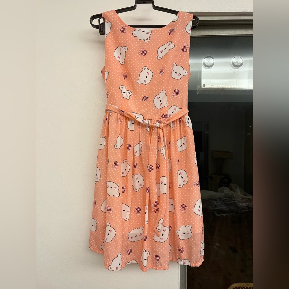 Bonne Chance Collections Peach Belted Cartoon Bear Mini Dress Whimsical Kawaii